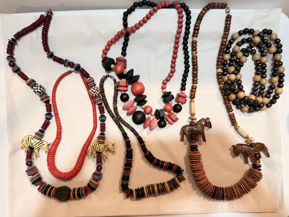 Lot of Vintage Wooden Beaded Necklaces Gradulated Coral Style and African Animal